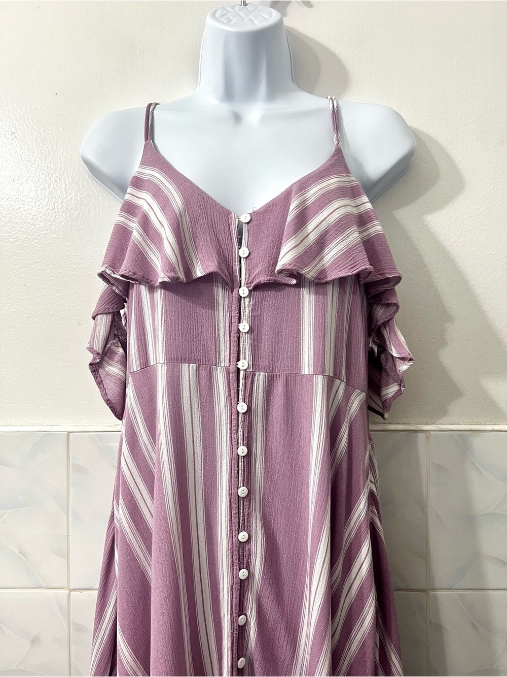 Angie Cold Shoulder Handkerchief Stripe Midi Dress M Cottage Festival Boho Beach - Picture 2 of 11